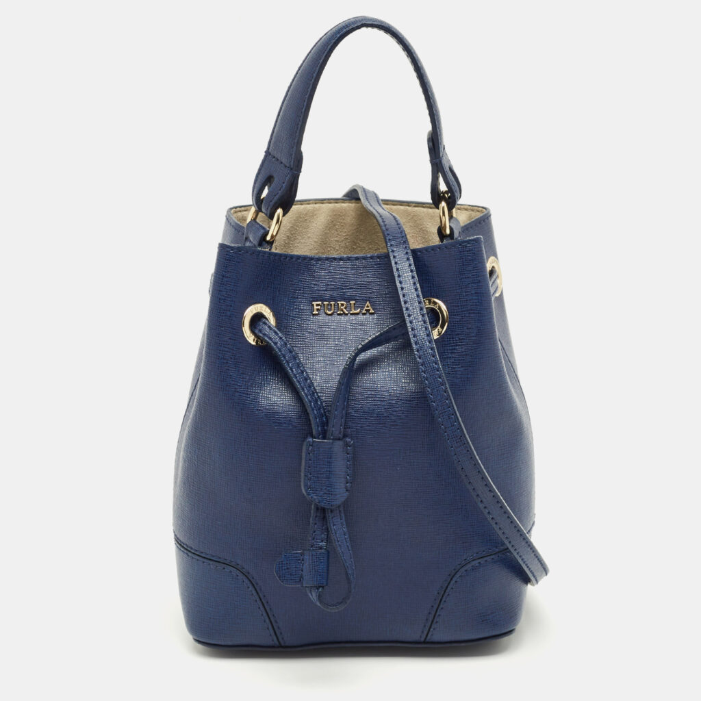 Furla Navy Blue Leather Mini Stacy Drawstring Bucket Bag Furla Navy Blue Leather Mini Stacy Drawstring Bucket Bag