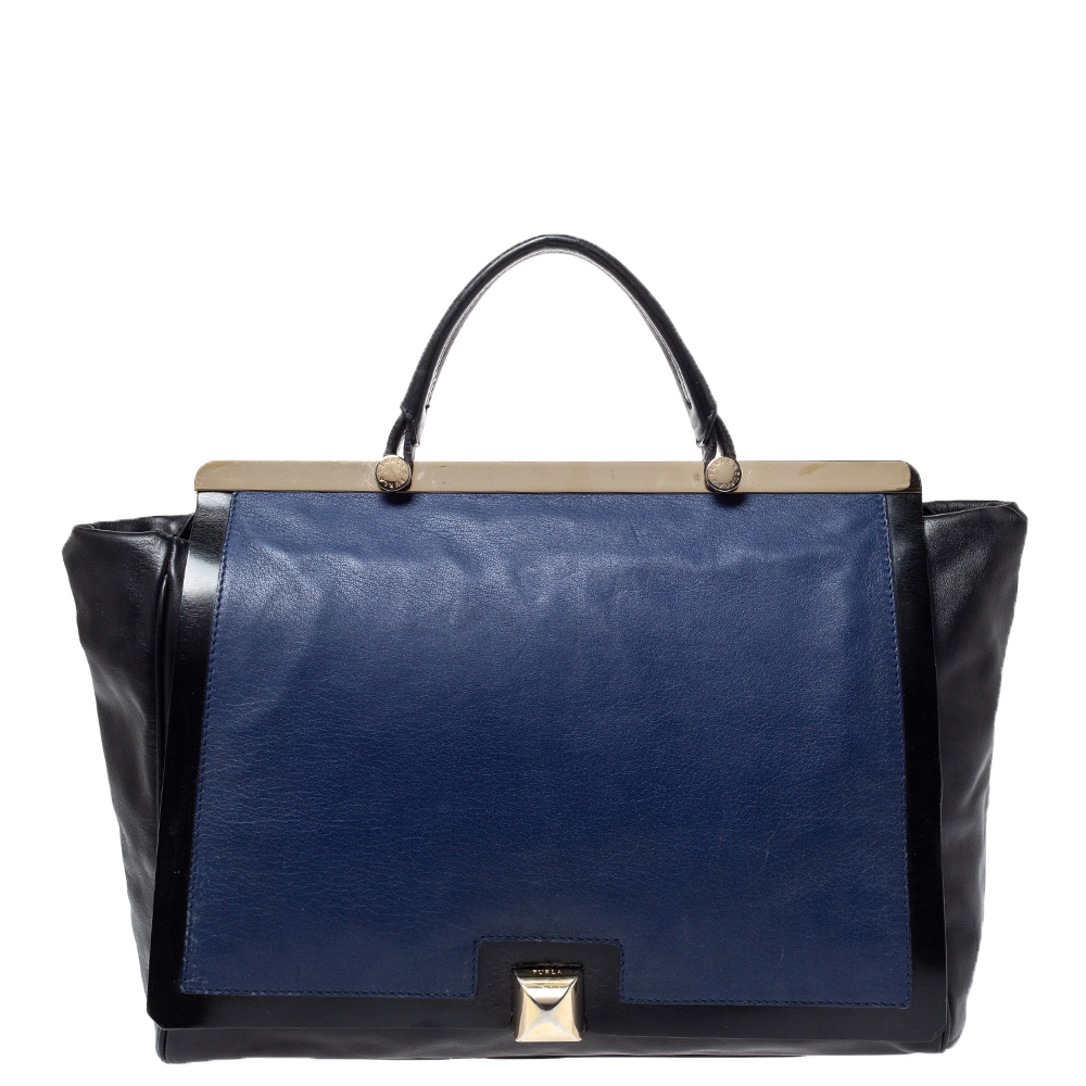 Furla Black/Blue Leather Cortina Top Handle Bag Furla Black/Blue Leather Cortina Top Handle Bag