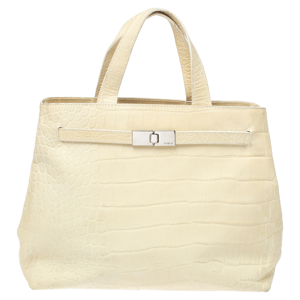 Furla Light Cream Croc Embossed Leather Presslock Tote Furla Light Cream Croc Embossed Leather Presslock Tote