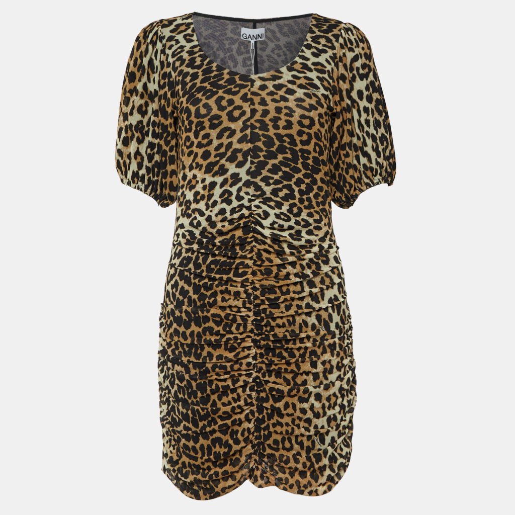 Ganni Brown Animal Printed Mesh Ruched Mini Dress S Ganni Brown Animal Printed Mesh Ruched Mini Dress S