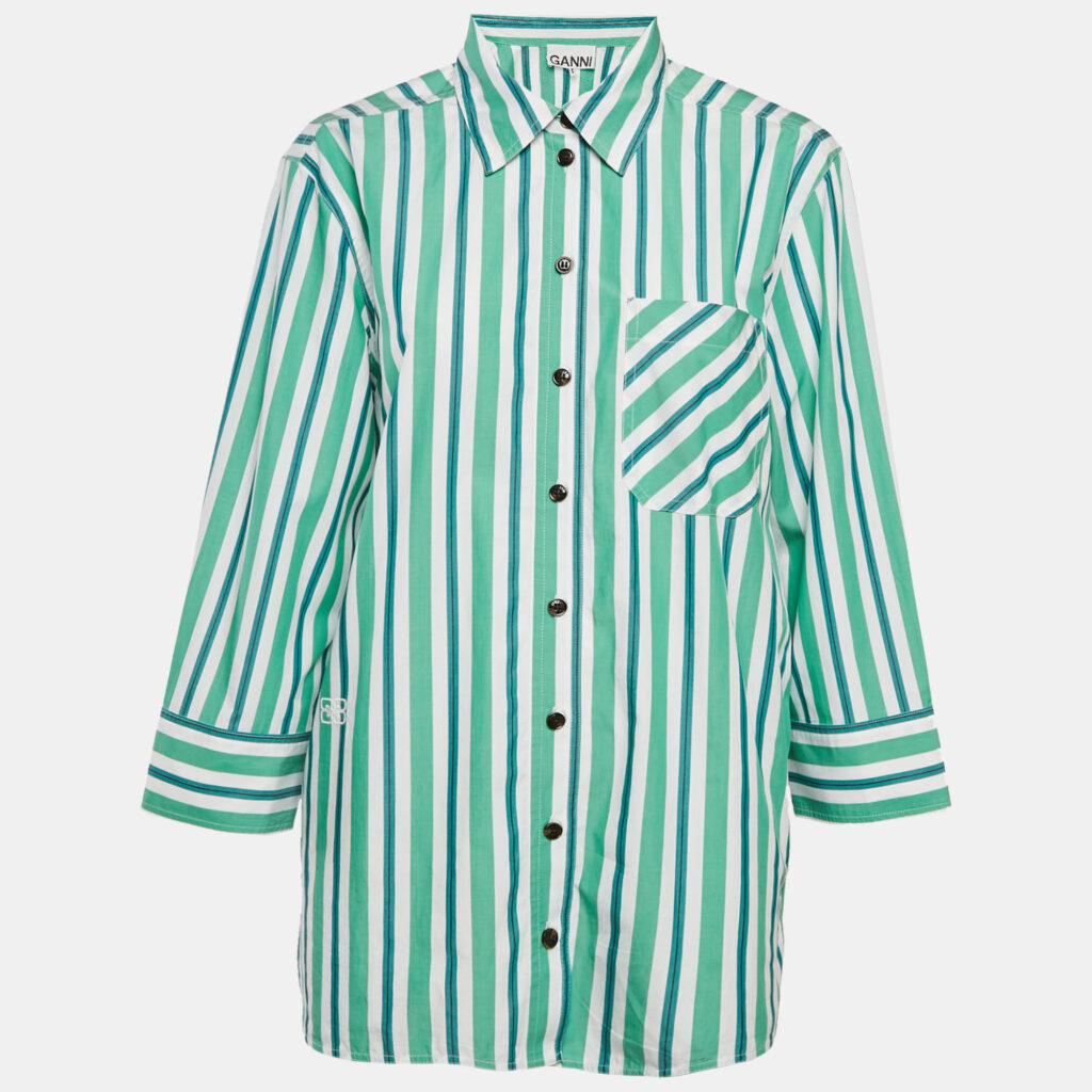 Ganni Green Striped Cotton Button Front Oversized Shirt S Ganni Green Striped Cotton Button Front Oversized Shirt S