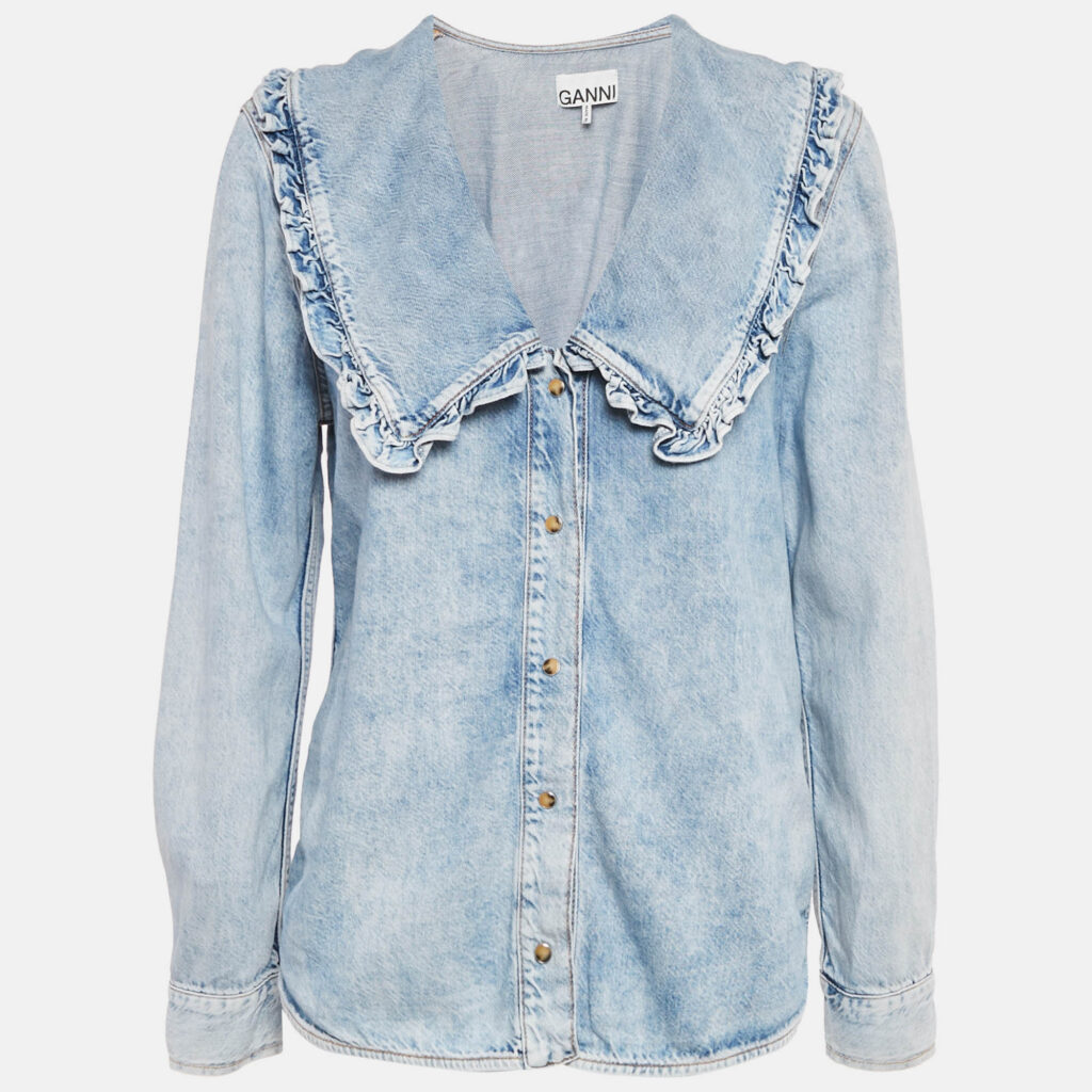 Ganni Blue Denim Ruffled Platter Collar Shirt M