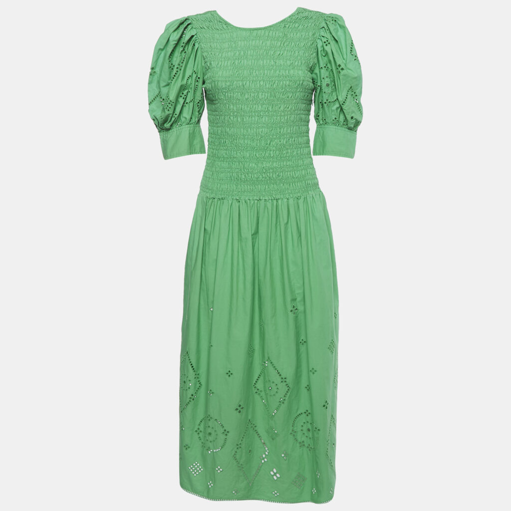 Ganni Green Broderie Anglaise Cotton Midi Dress S
