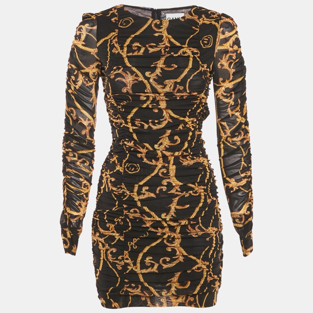 Ganni Black Printed Jersey Ruched Bodycon Mini Dress XS