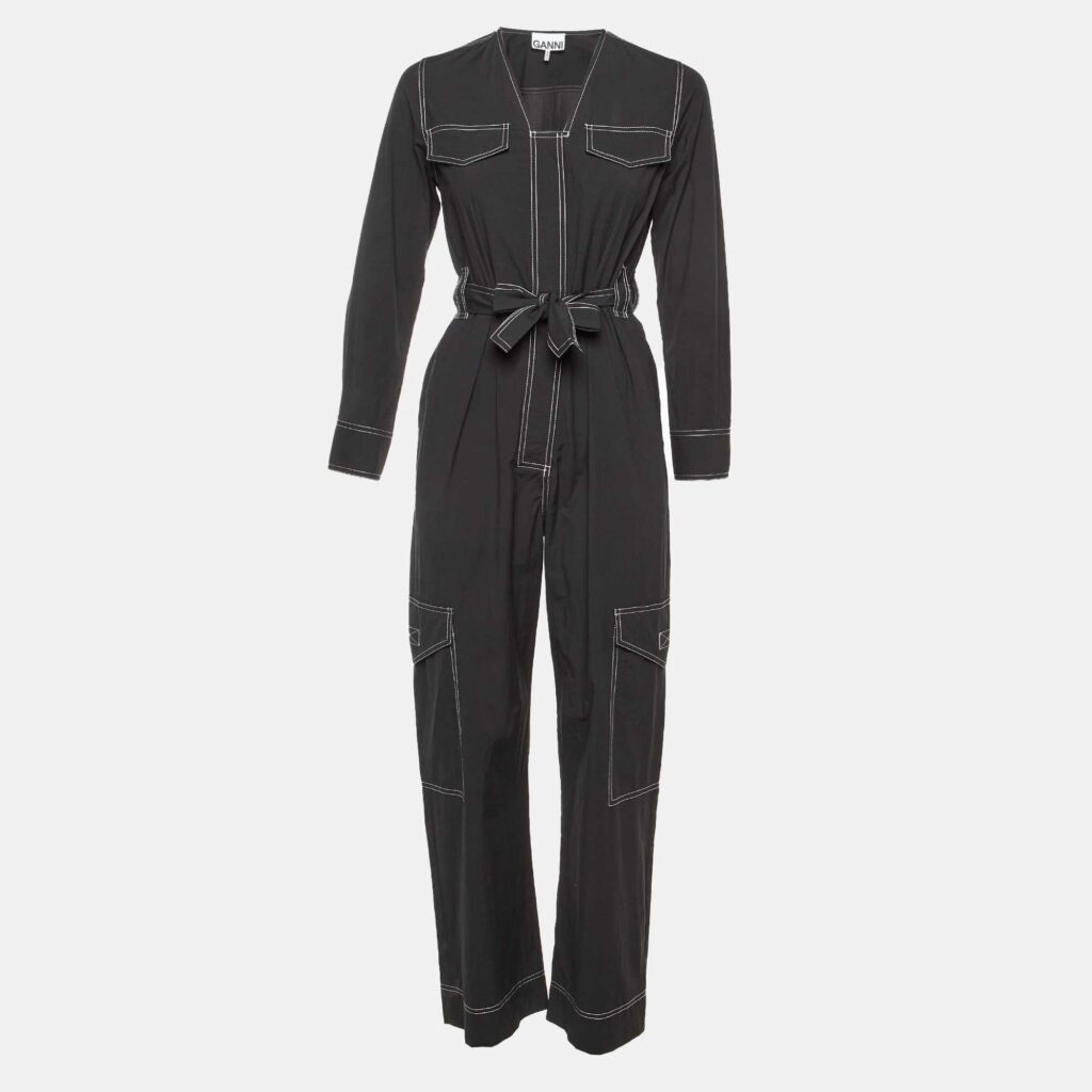Ganni Black Cotton Blend Contrast Stitch Detail Belted Jumpsuit XS Ganni Black Cotton Blend Contrast Stitch Detail Belted Jumpsuit XS