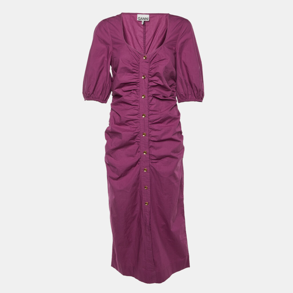 Ganni Purple Wine Cotton Ruched Midi Dress M Ganni Purple Wine Cotton Ruched Midi Dress M