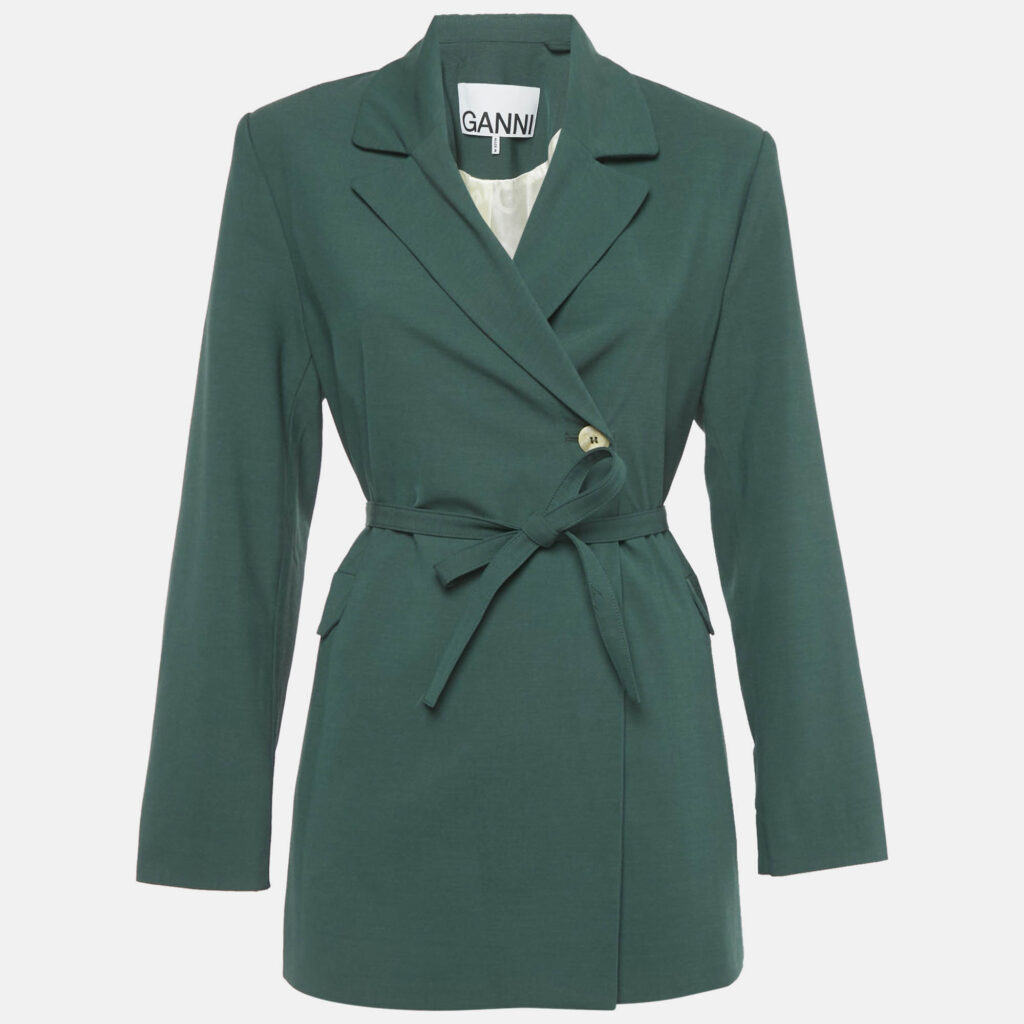 Ganni Green Crepe Double Breasted Belted Blazer S Ganni Green Crepe Double Breasted Belted Blazer S