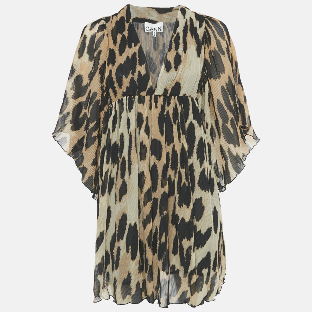 Ganni Brown Leopard Print Plissé Crepe de Chine Mini Dress XXS/XS
