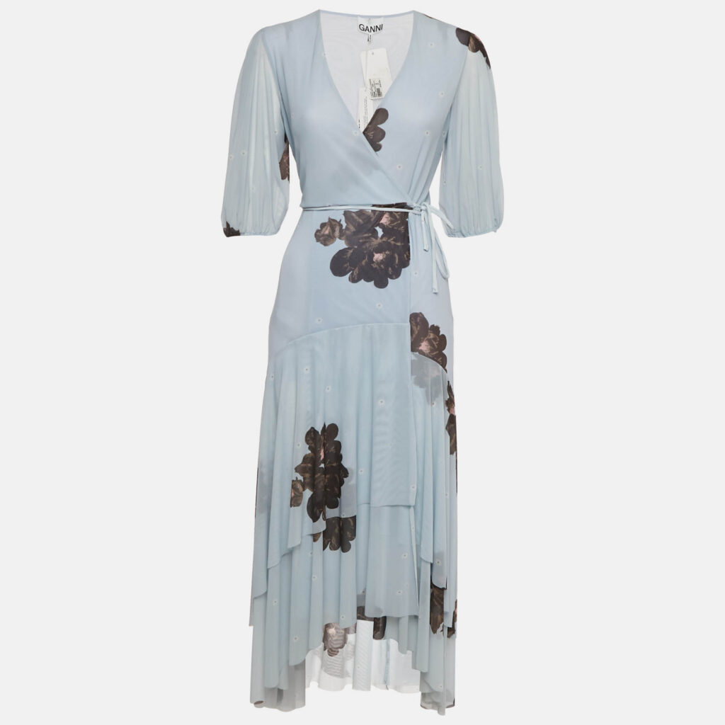 Ganni Light Blue Floral Print Mesh Wrap Around Midi Dress S Ganni Light Blue Floral Print Mesh Wrap Around Midi Dress S