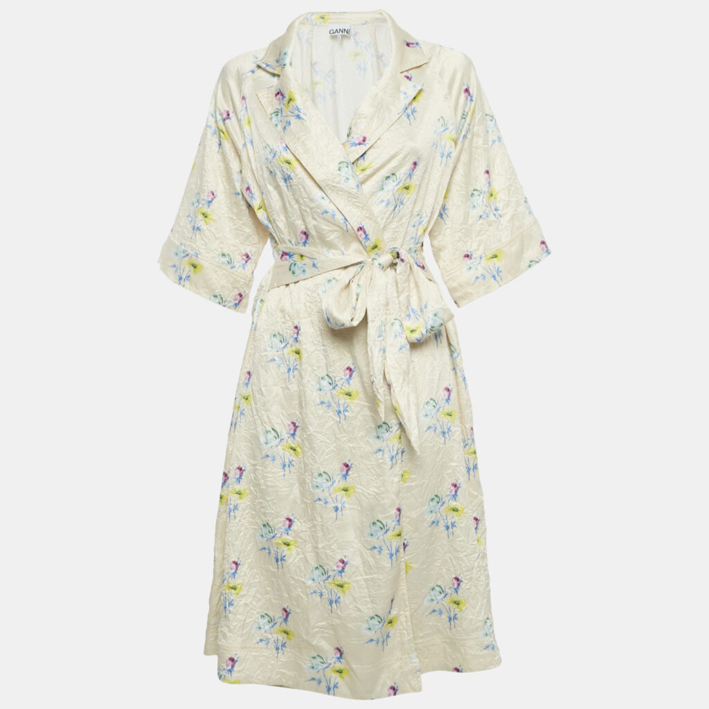 Ganni Cream Floral Print Satin Crinkled Wrap Dress M