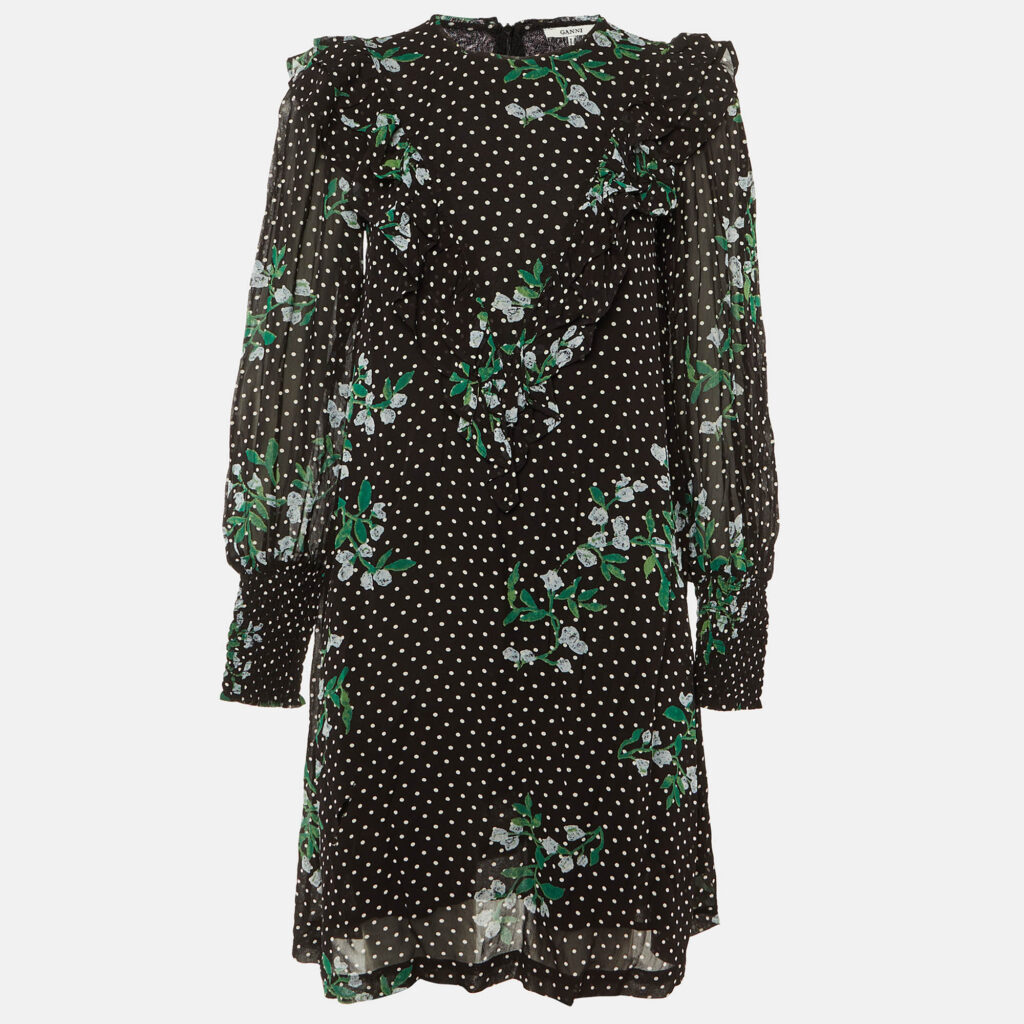 Ganni Black Polka Dot Floral Printed Chiffon Mini Dress S