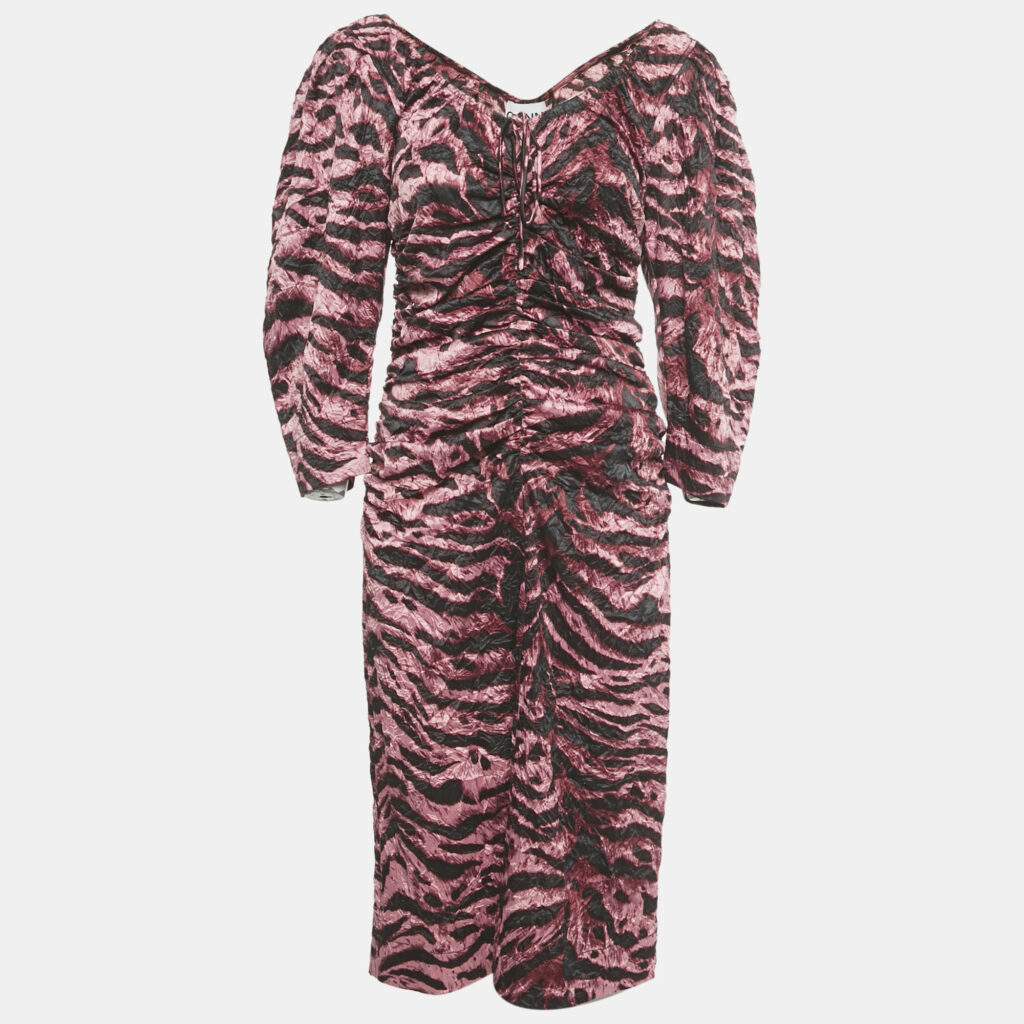 luxury-women-ganni-used-clothes-p1224890-003-1.jpg Ganni Pink /Black Zebra Print Crepe Ruched Midi Dress L