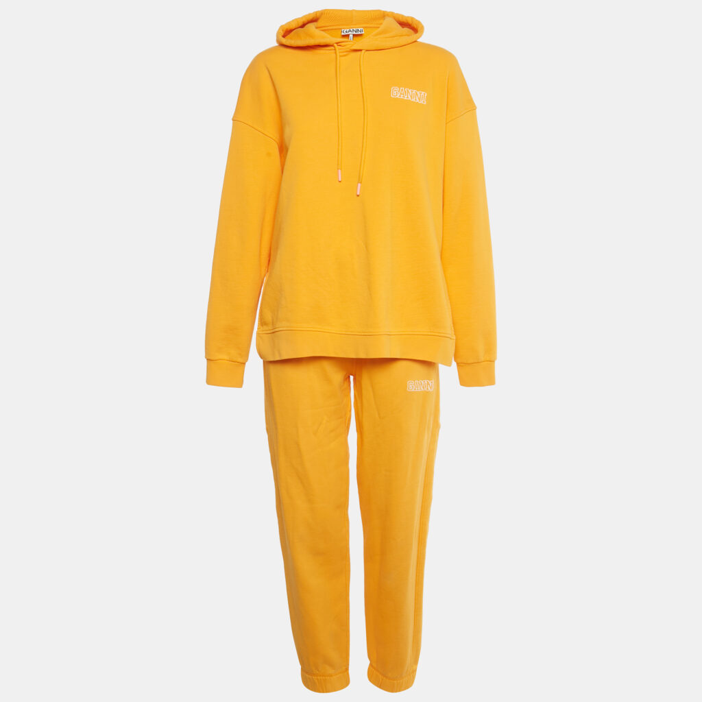 Ganni Orange Logo Embroidered Cotton Hoodie and Sweatpants Set S/M