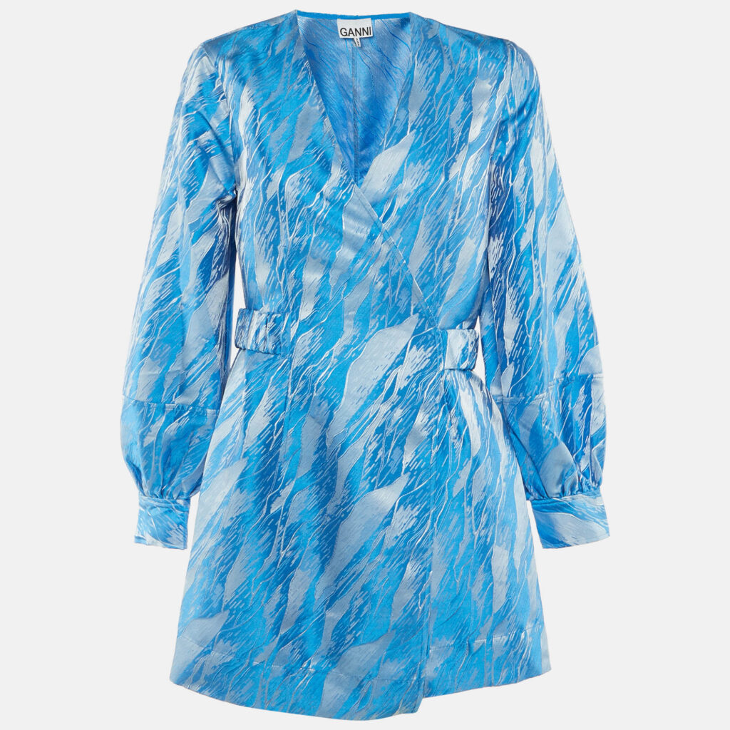 Ganni Blue /Silver Jacquard Wrap Mini Dress M