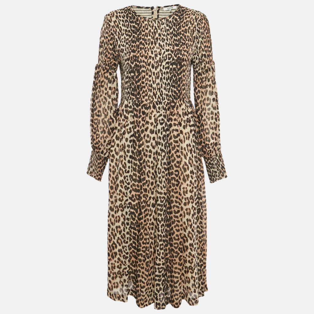 Ganni Brown/Black Animal Print Crepe Midi Dress L