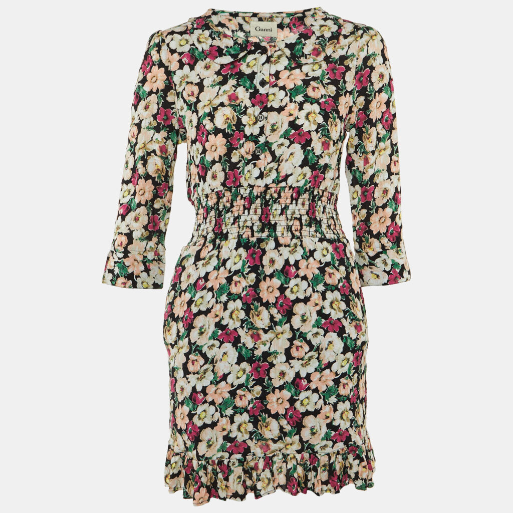 Ganni Black Floral Print Crepe Flounce Hem Dress L Ganni Black Floral Print Crepe Flounce Hem Dress L
