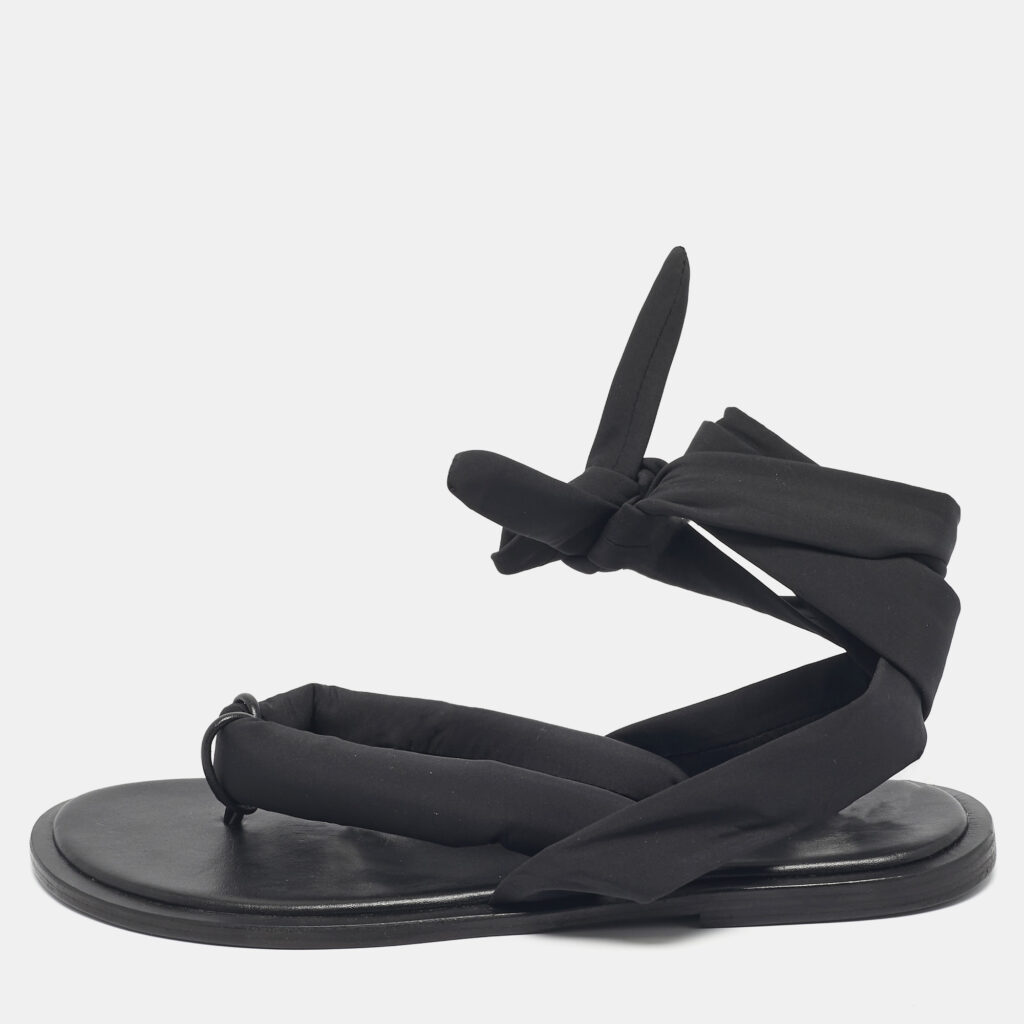 Ganni Black Nylon Puffy Thong Ankle Wrap Flats Size 39