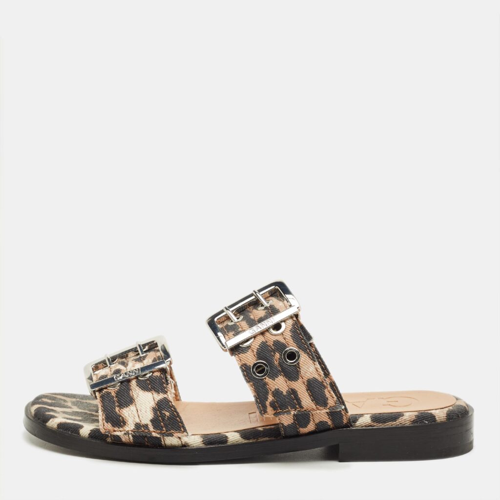 Ganni Brown Leopard Print Denim Feminine Buckle Sandals Size 38 Ganni Brown Leopard Print Denim Feminine Buckle Sandals Size 38