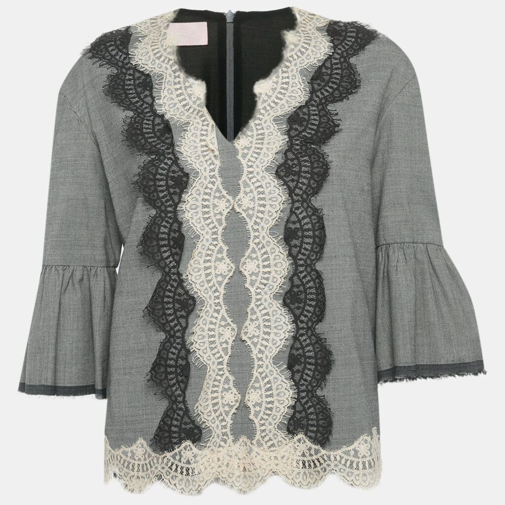 Giamba Grey Wool & Cotton Lace Detail Top S