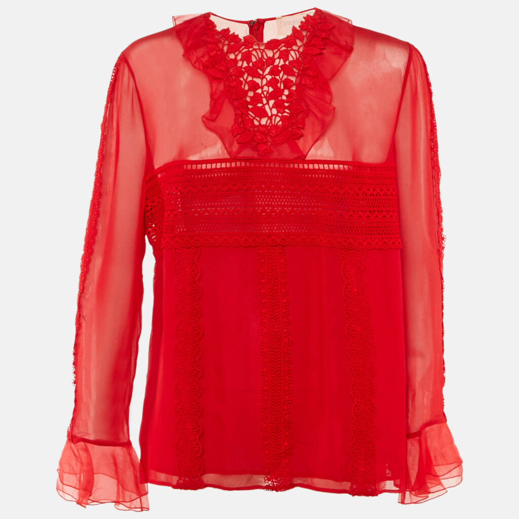 Giambattista Valli Red Silk Lace Detail Sheer Blouse XL Giambattista Valli Red Silk Lace Detail Sheer Blouse XL