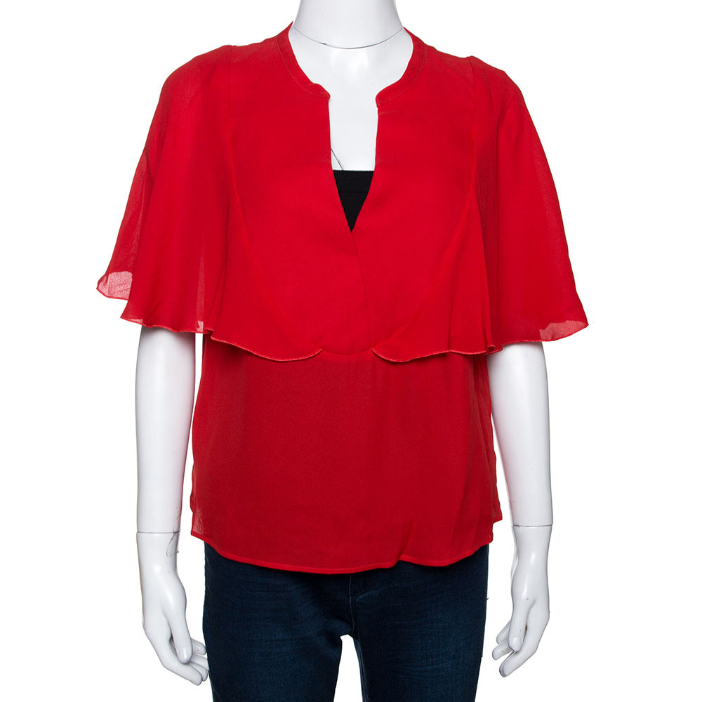 Giambattista Valli Red Crepe Ruffled Cape Detail Top M Giambattista Valli Red Crepe Ruffled Cape Detail Top M