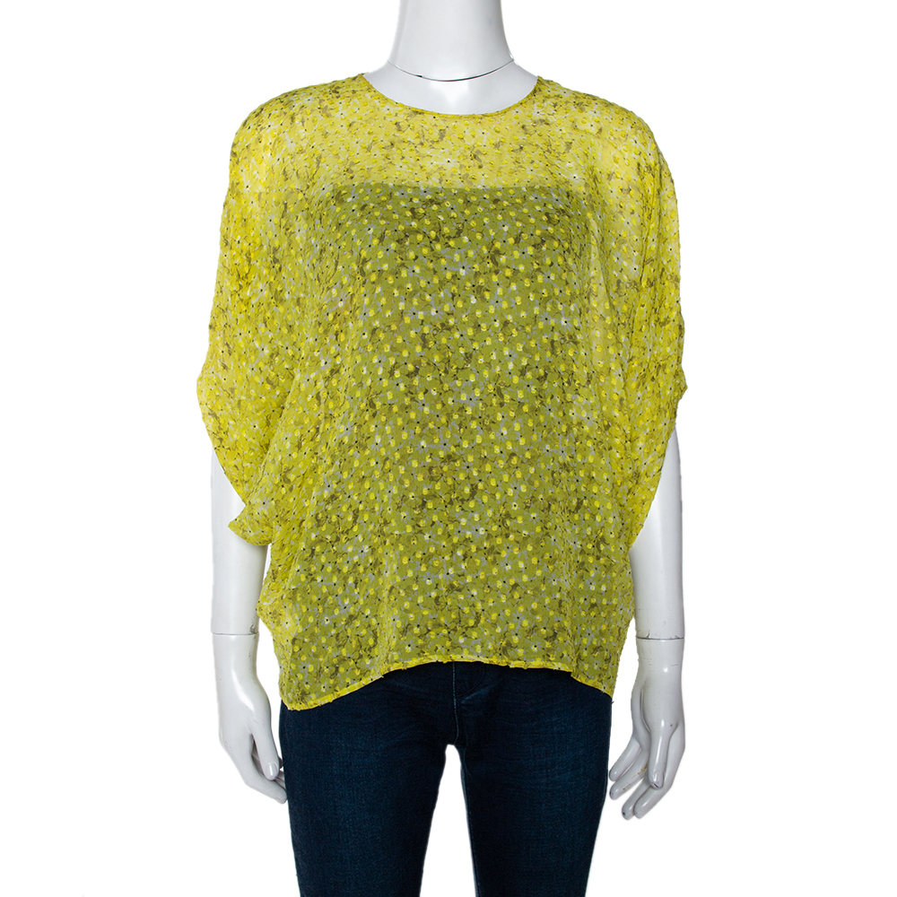 Giambatista Valli Yellow Textured Floral Print Silk Blouse XS Giambatista Valli Yellow Textured Floral Print Silk Blouse XS