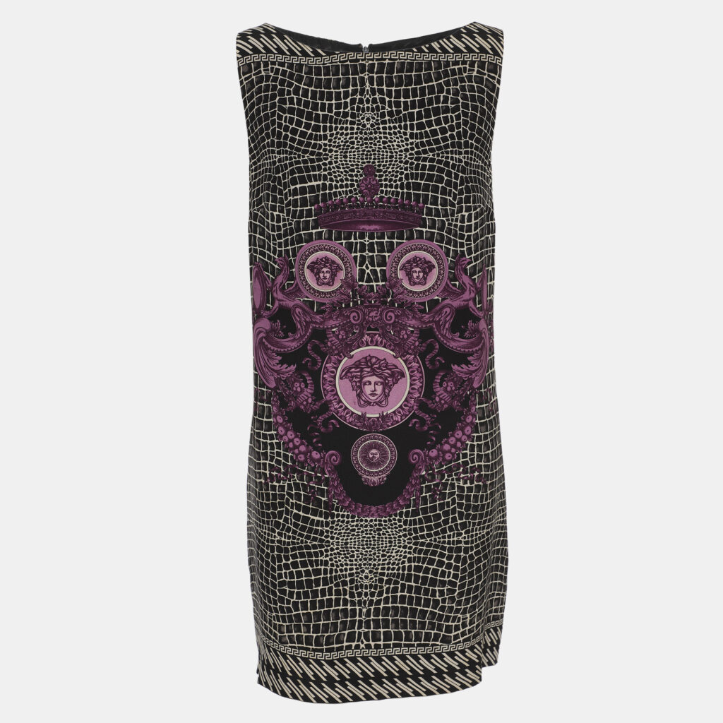 Gianni Versace Monochrome/Purple Animal Print Satin Medusa Sleeveless Mini Dress L Gianni Versace Monochrome/Purple Animal Print Satin Medusa Sleeveless Mini Dress L