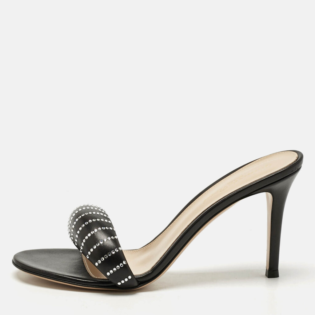 Gianvito Rossi Black Leather Crystal Embellished Bijoux Sandals Size 38