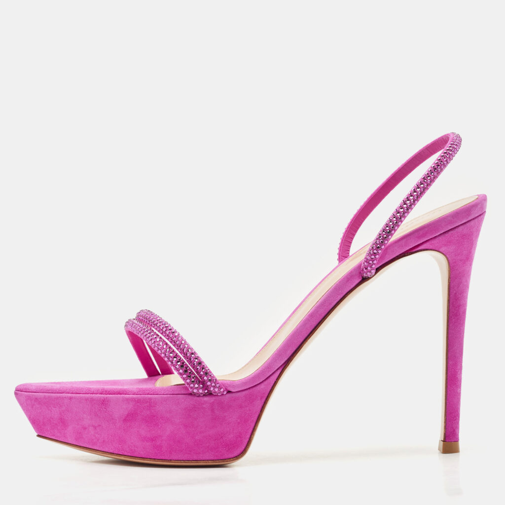 Gianvito Rossi Fuchsia Suede Crystal Embellished Cannes Platform Sandals Size 39