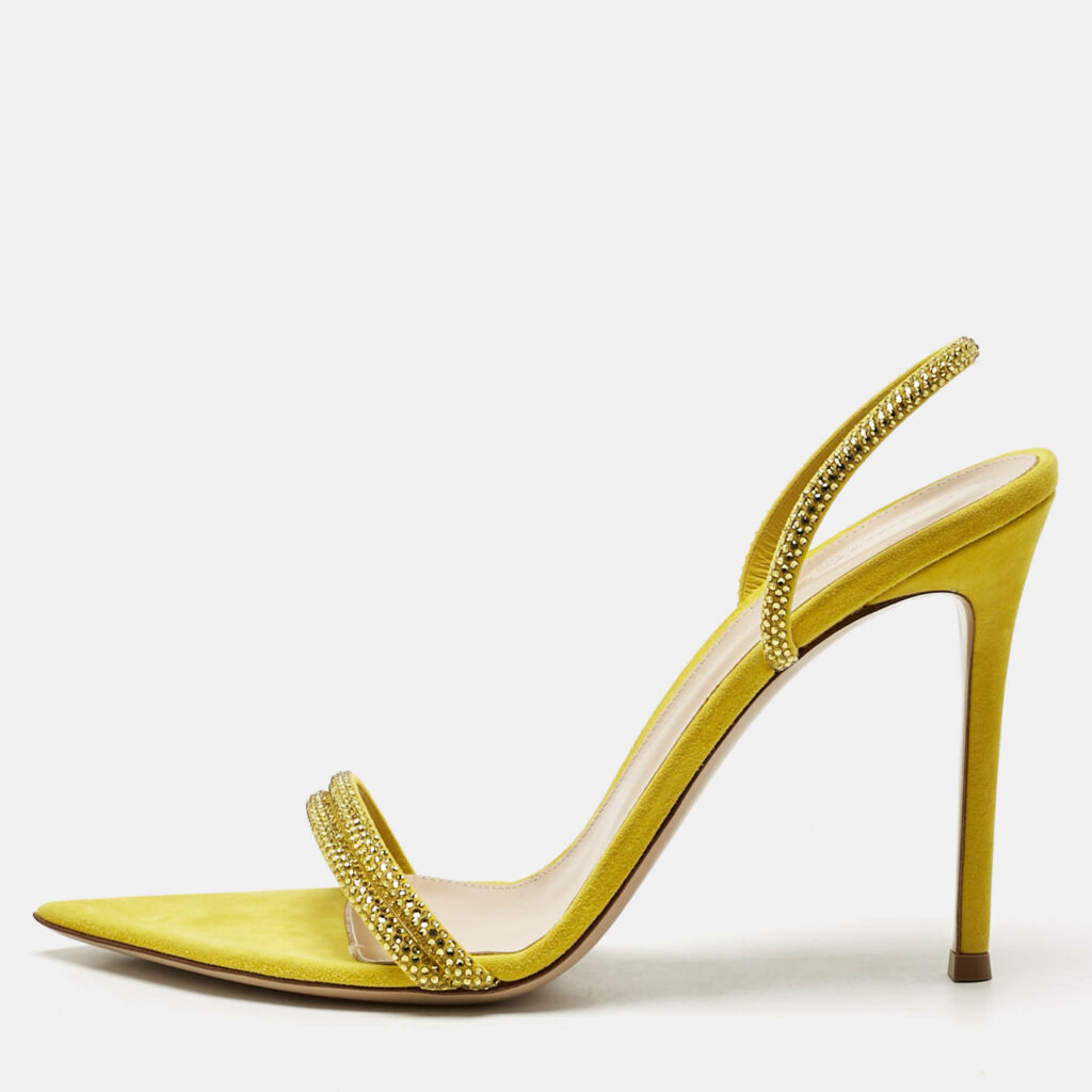 Gianvito Rossi Yellow Suede Crystal Embellished Cannes Sandals Size 40.5