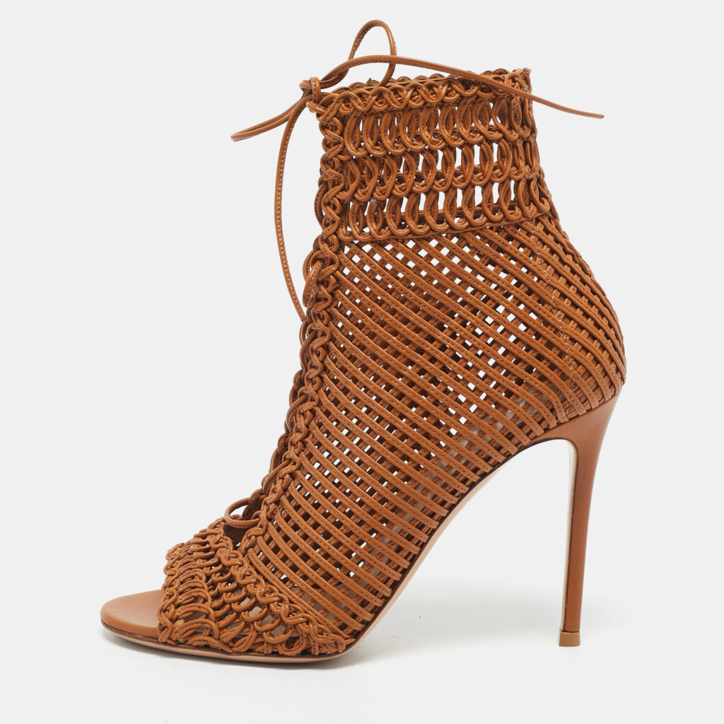 Gianvito Rossi Brown Woven Leather Marnie Lace Up Peep Toe Ankle Boots Size 39 Gianvito Rossi Brown Woven Leather Marnie Lace Up Peep Toe Ankle Boots Size 39