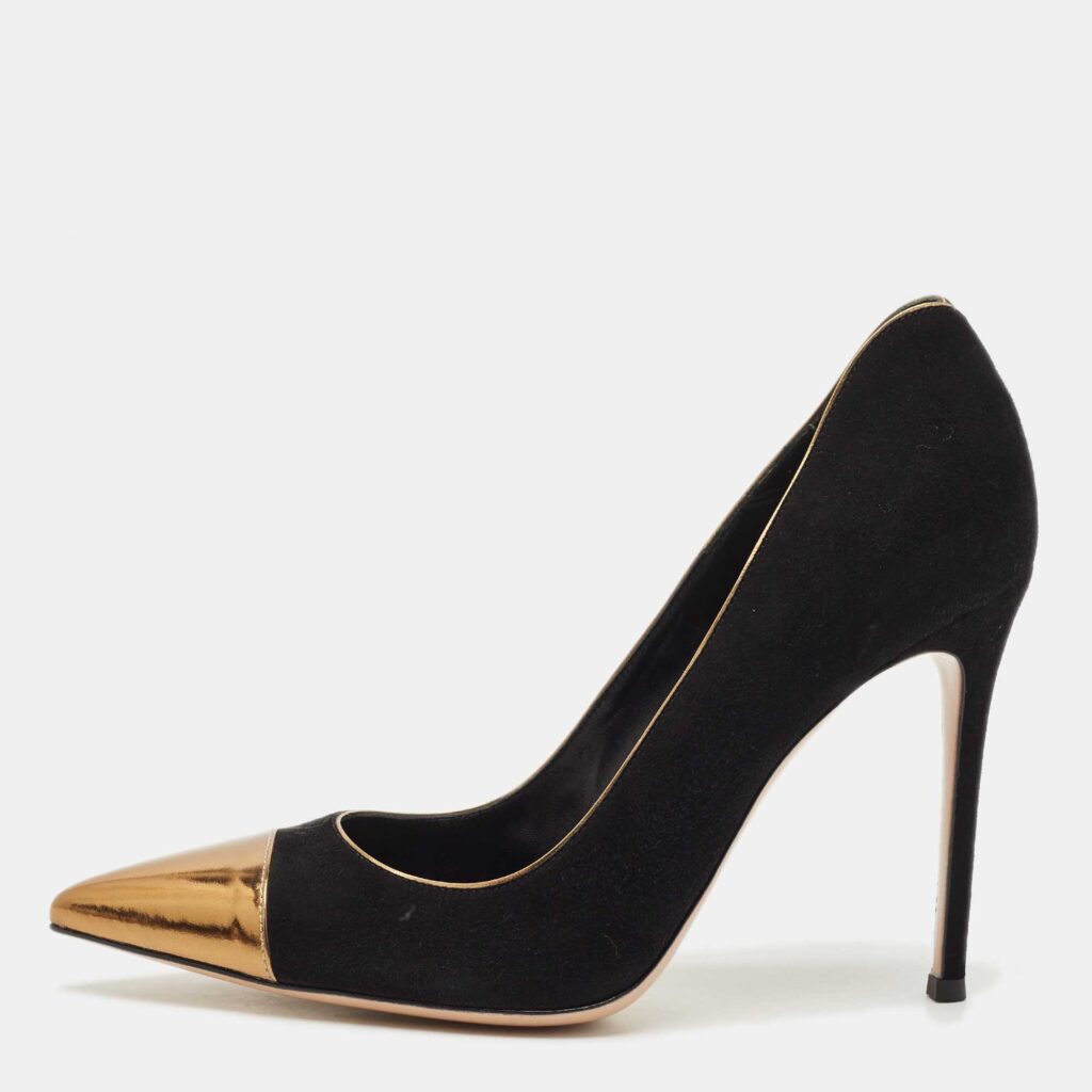 Gianvito Rossi Black/Gold Leather and Suede Pointed Toe Pumps Size 40.5