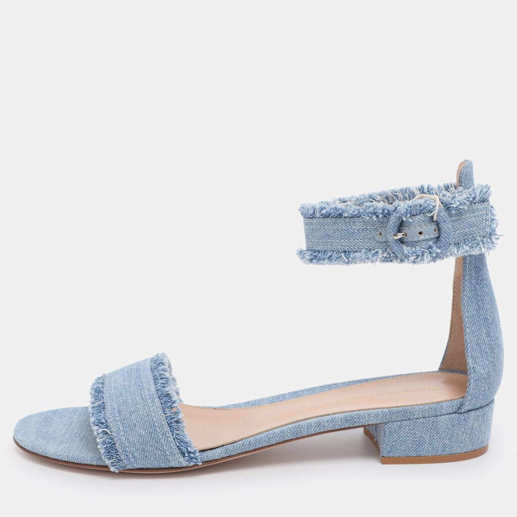 Gianvito Rossi Blue Washed Denim Ankle Strap Flat Sandals Size 41