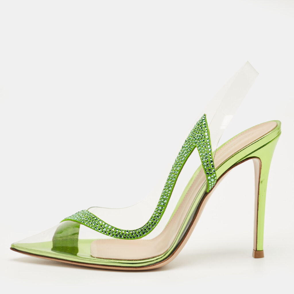 Gianvito Rossi Transparent/Green PVC and Suede Embellished Hortensia Pumps Size 38