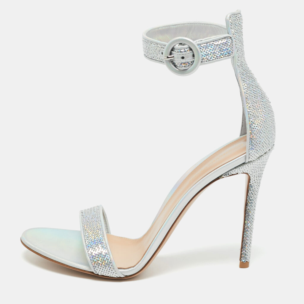 Gianvito Rossi Silver Sequins Portofino Ankle Strap Sandals Size 41.5 Gianvito Rossi Silver Sequins Portofino Ankle Strap Sandals Size 41.5