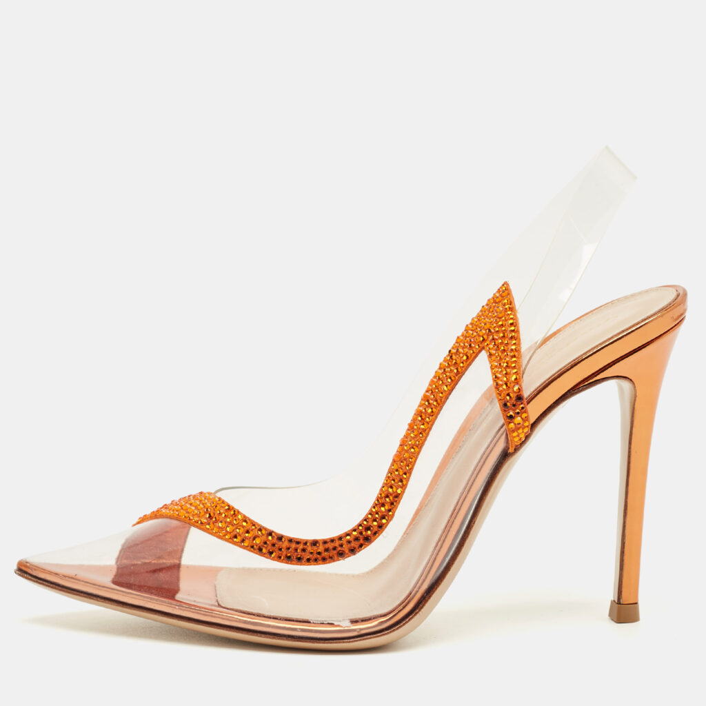 Gianvito Rossi Transparent/Orange PVC and Suede Hortensia Slingback Pumps Size 36.5
