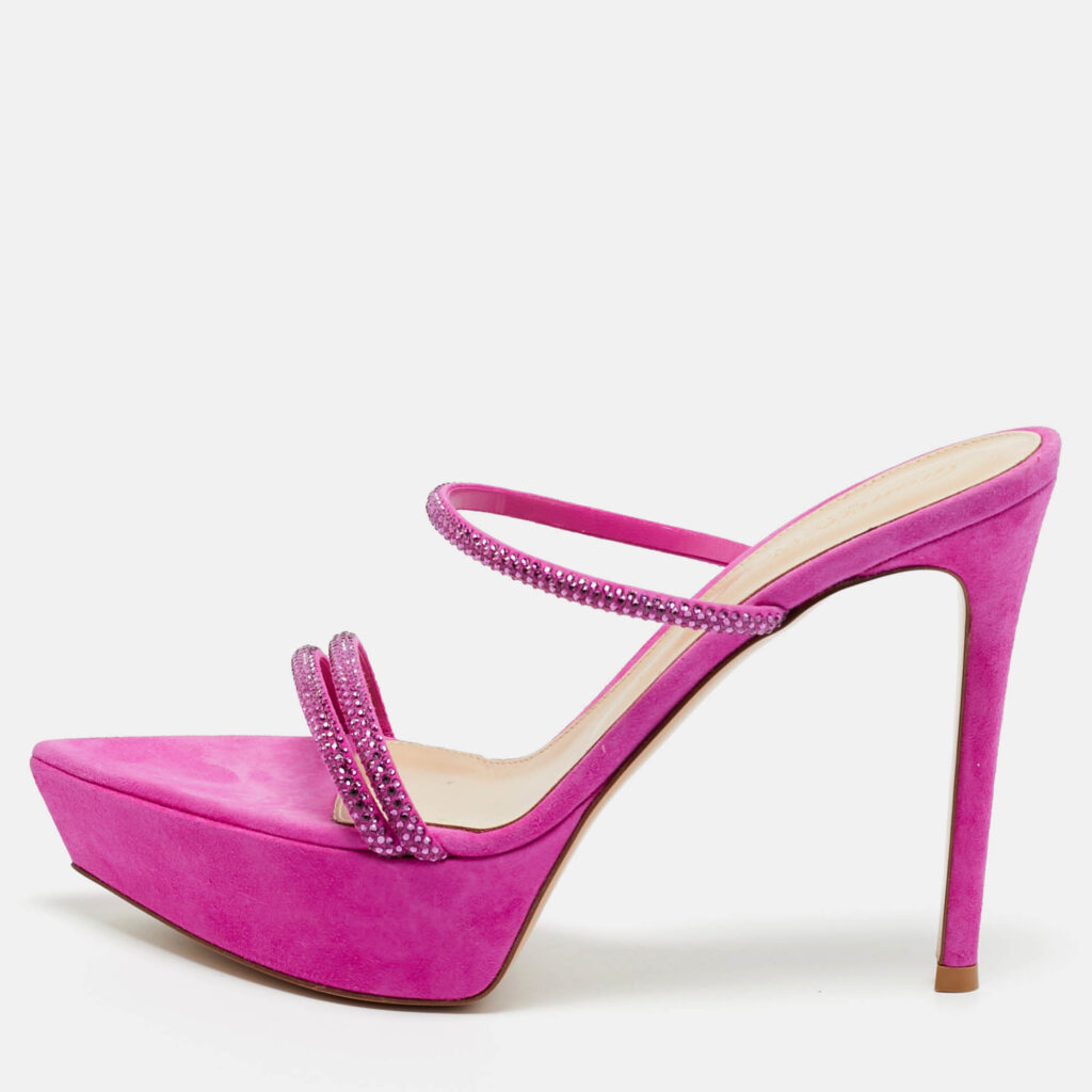 Gianvito Rossi Fuchsia Suede Crystal Embellished Cannes Sandals Size 38