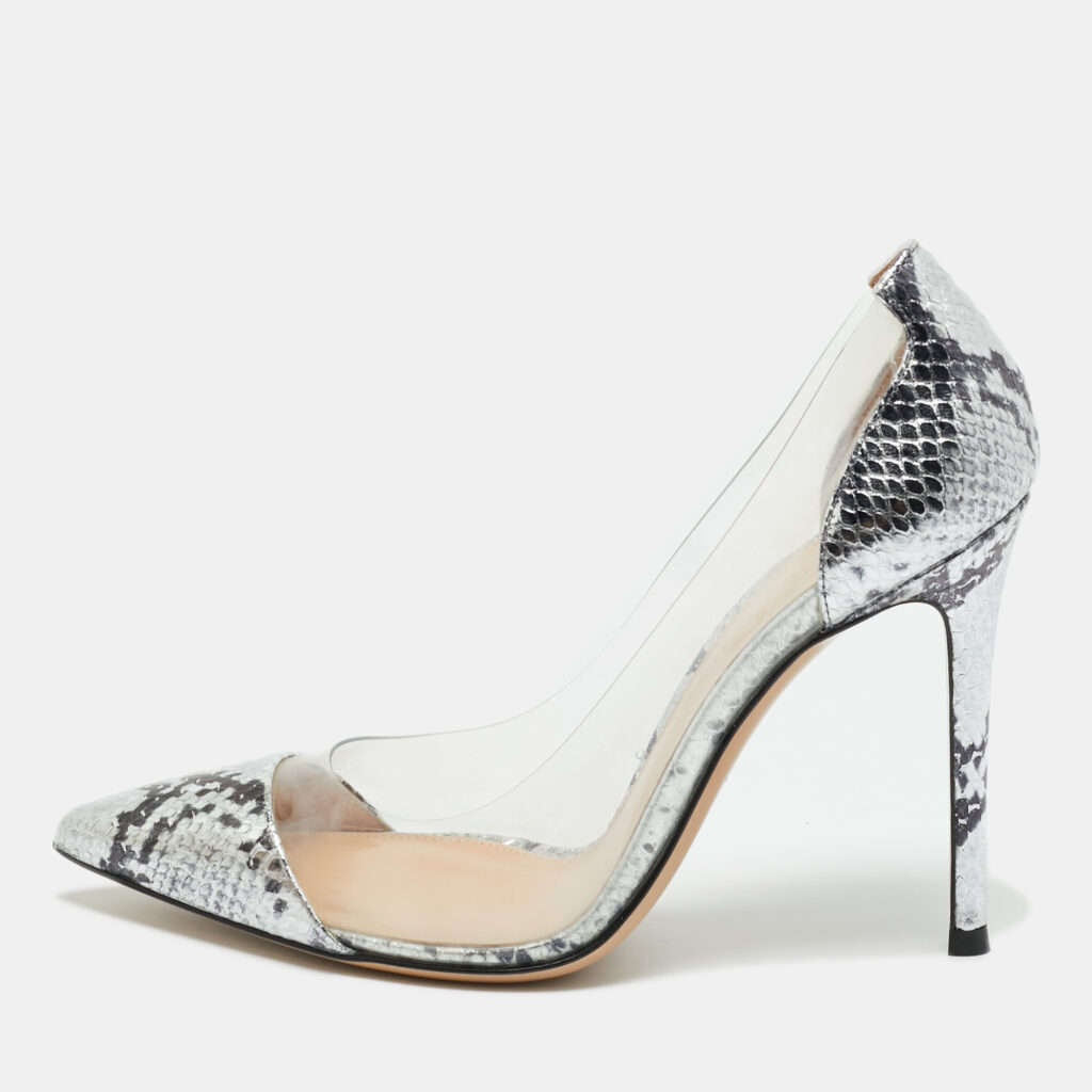 Gianvito Rossi Silver Snake Embossed Leather and PVC Plexi Pumps Size 37