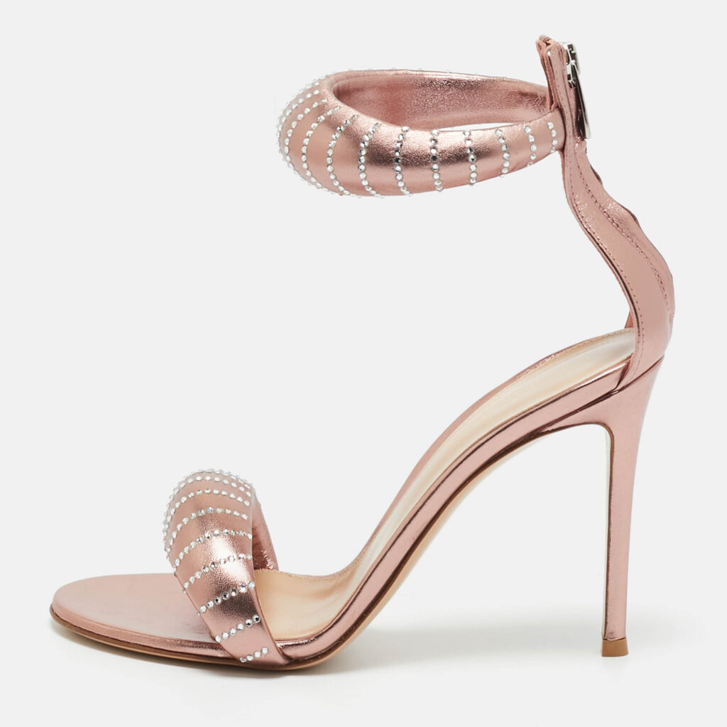 Gianvito Rossi Rose Gold Leather Crystal Embellished Bijoux Sandals Size 38.5