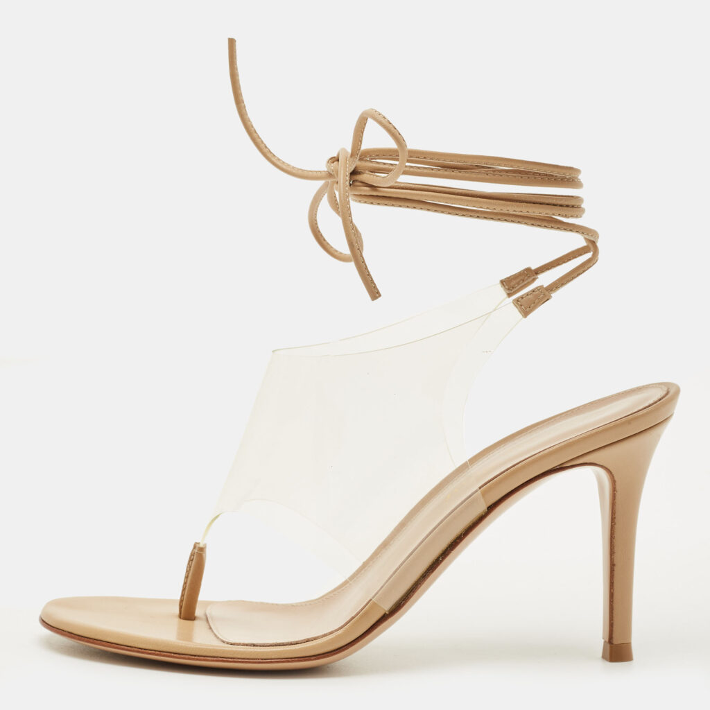 Gianvito Rossi Beige Leather and PVC Plexi Thong Wrap Sandals Size 35