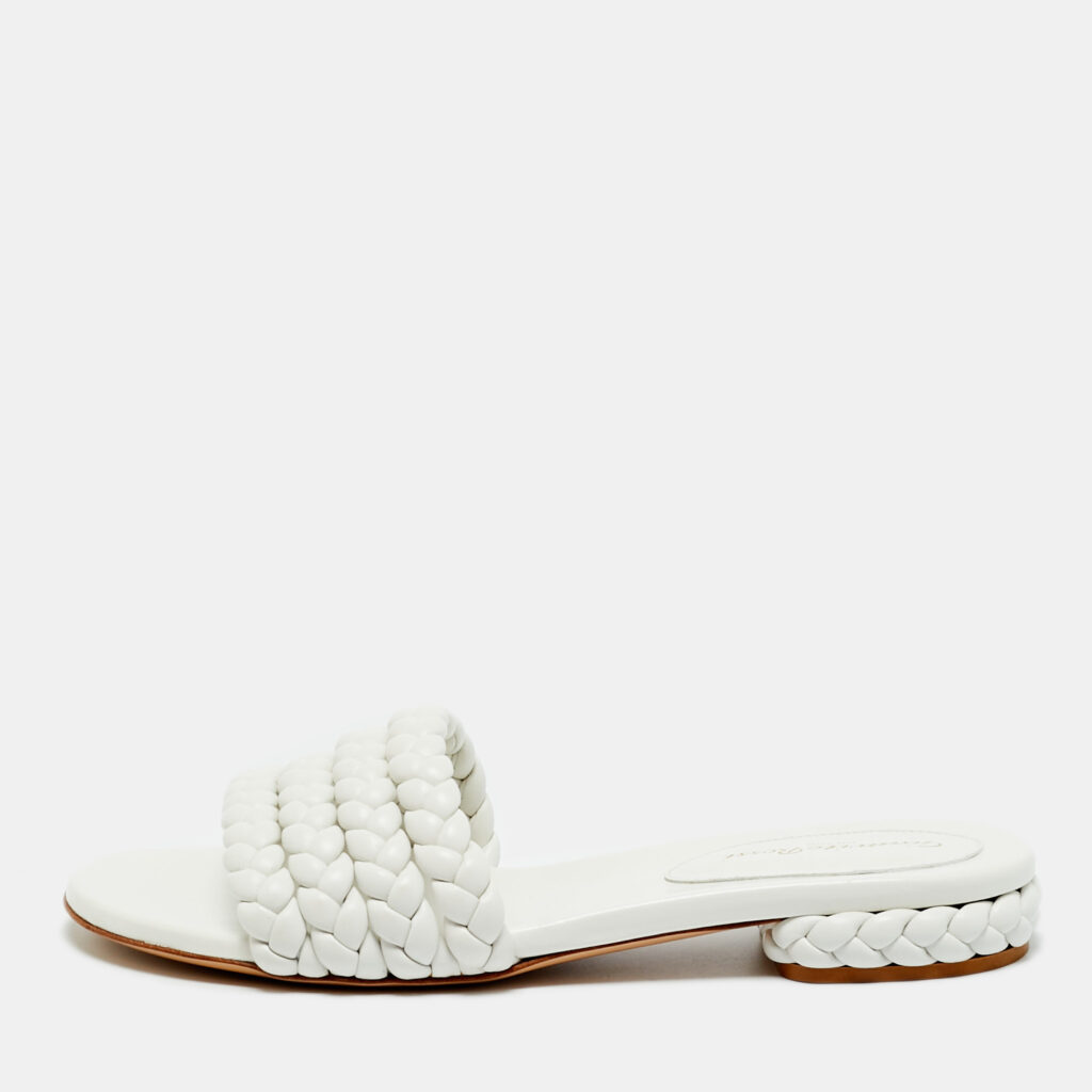 Gianvito Rossi White Braided Leather Flat Slides Size 38.5