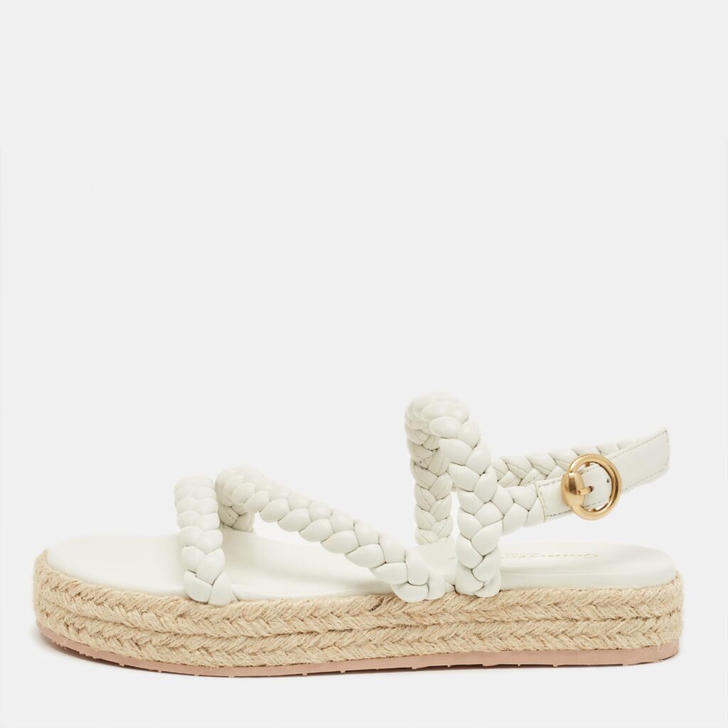 Gianvito Rossi White Braided Leather Platform Espadrille Sandals Size 36.5