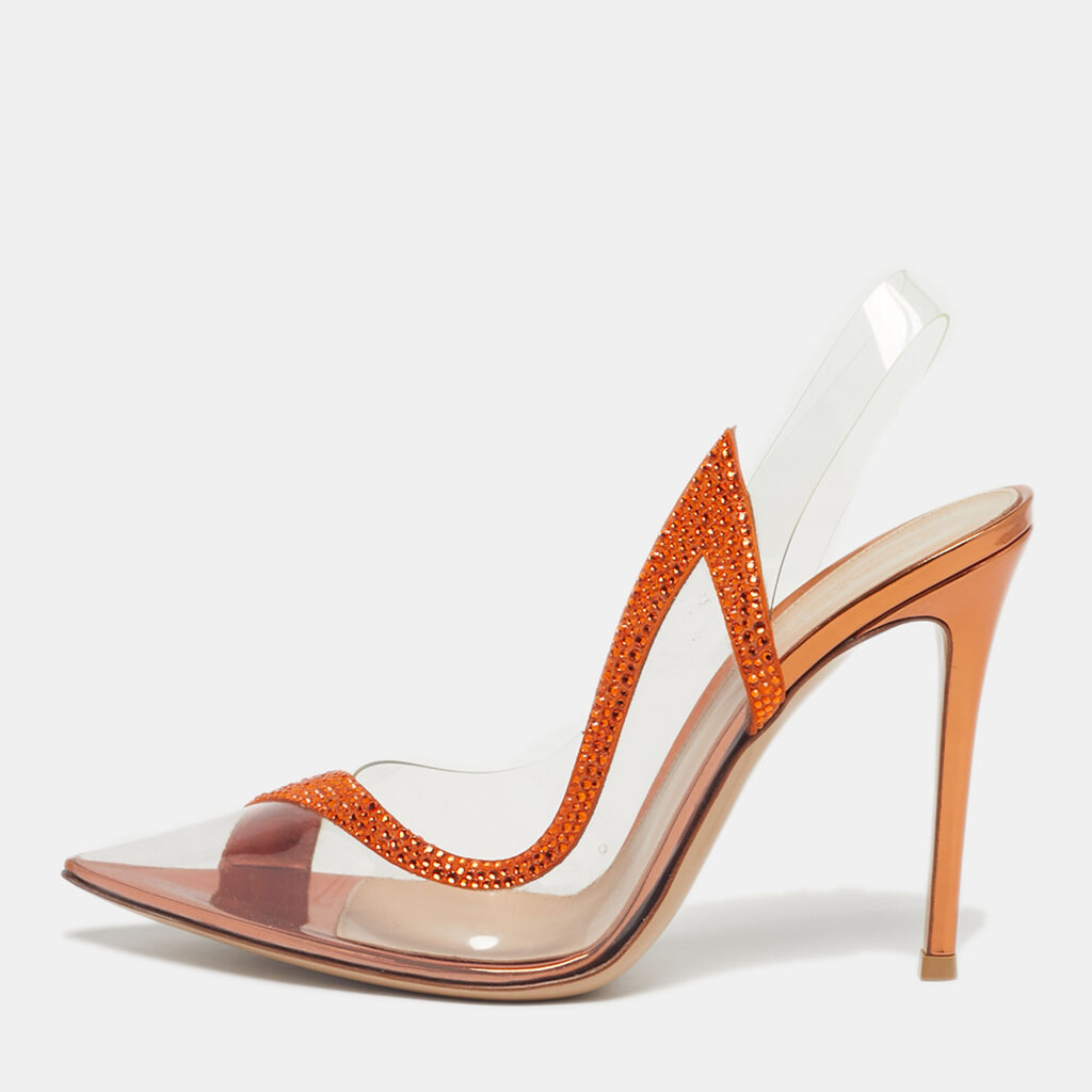 Gianvito Rossi Transparent/Orange PVC and Suede Embellished Hortensia Pumps Size 39 Gianvito Rossi Transparent/Orange PVC and Suede Embellished Hortensia Pumps Size 39