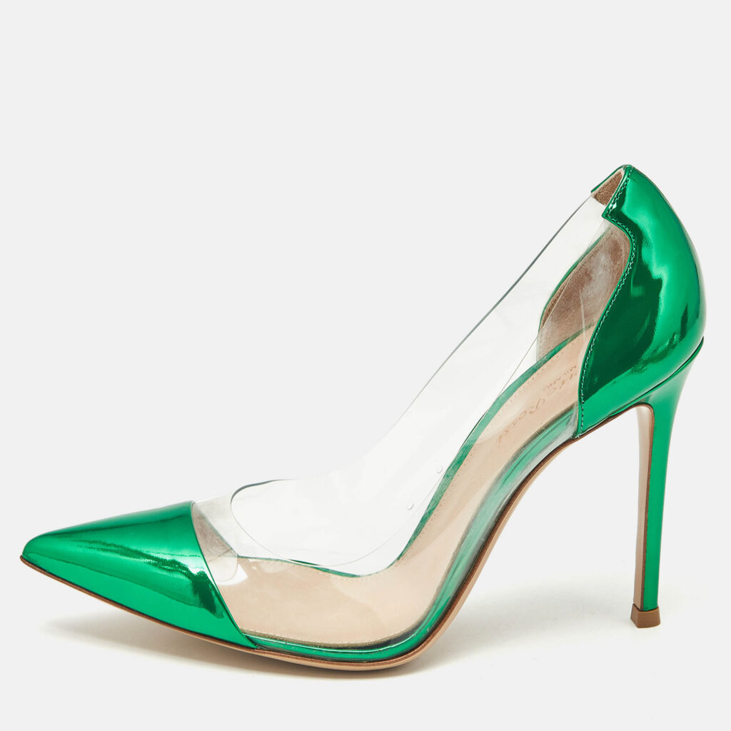 Gianvito Rossi Metallic Green Leather and PVC Plexi Pumps Size 38.5 Gianvito Rossi Metallic Green Leather and PVC Plexi Pumps Size 38.5