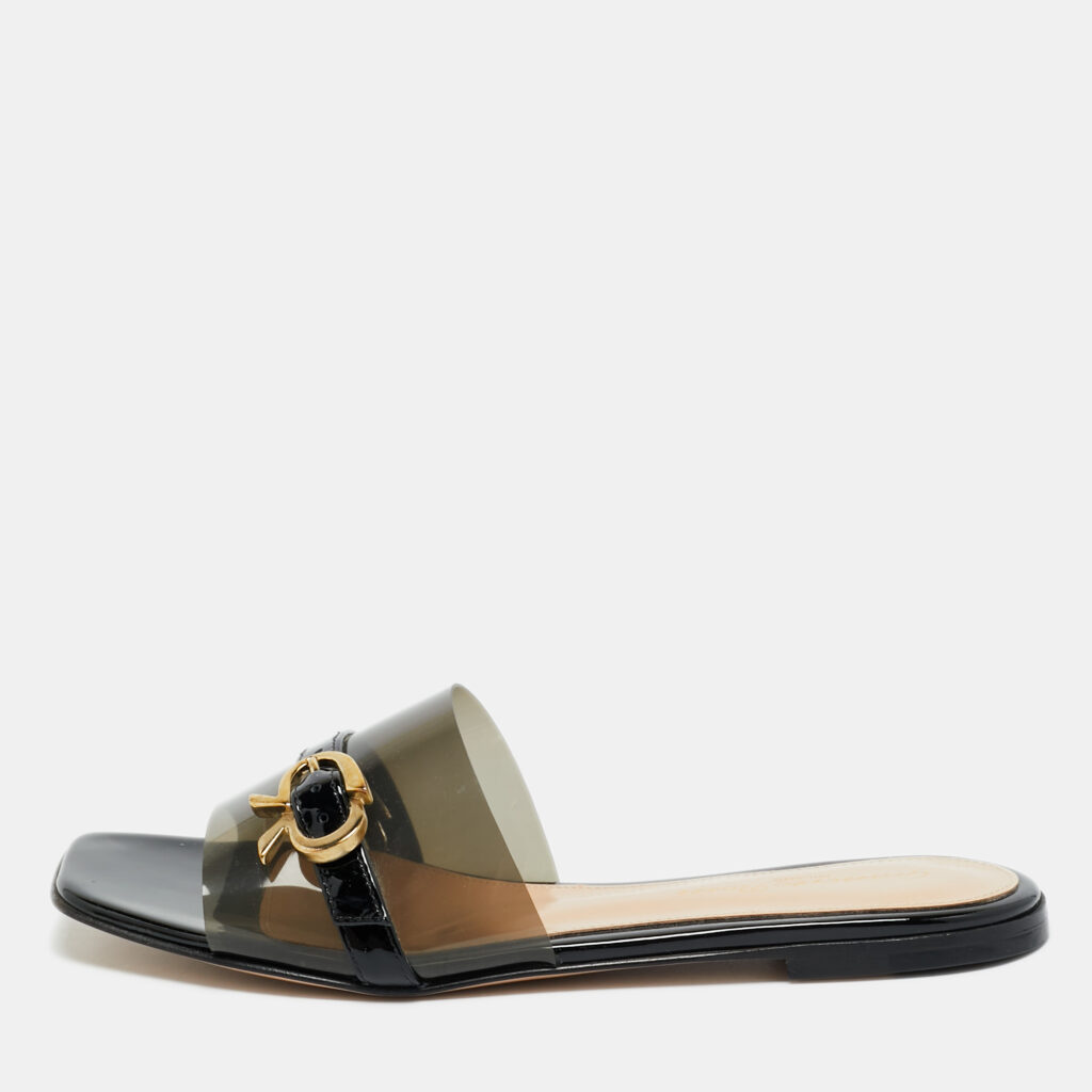 Gianvito Rossi Black PVC and Patent Leather Gemini Flat Slides Size 36