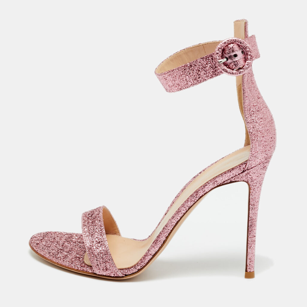 Gianvito Rossi Pink Lamé Fabric Portofino Ankle Strap Sandals Size 41
