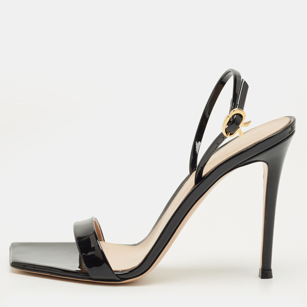 Gianvito Rossi Black Patent Leather Ribbon Stiletto Ankle Strap Sandals Size 38.5