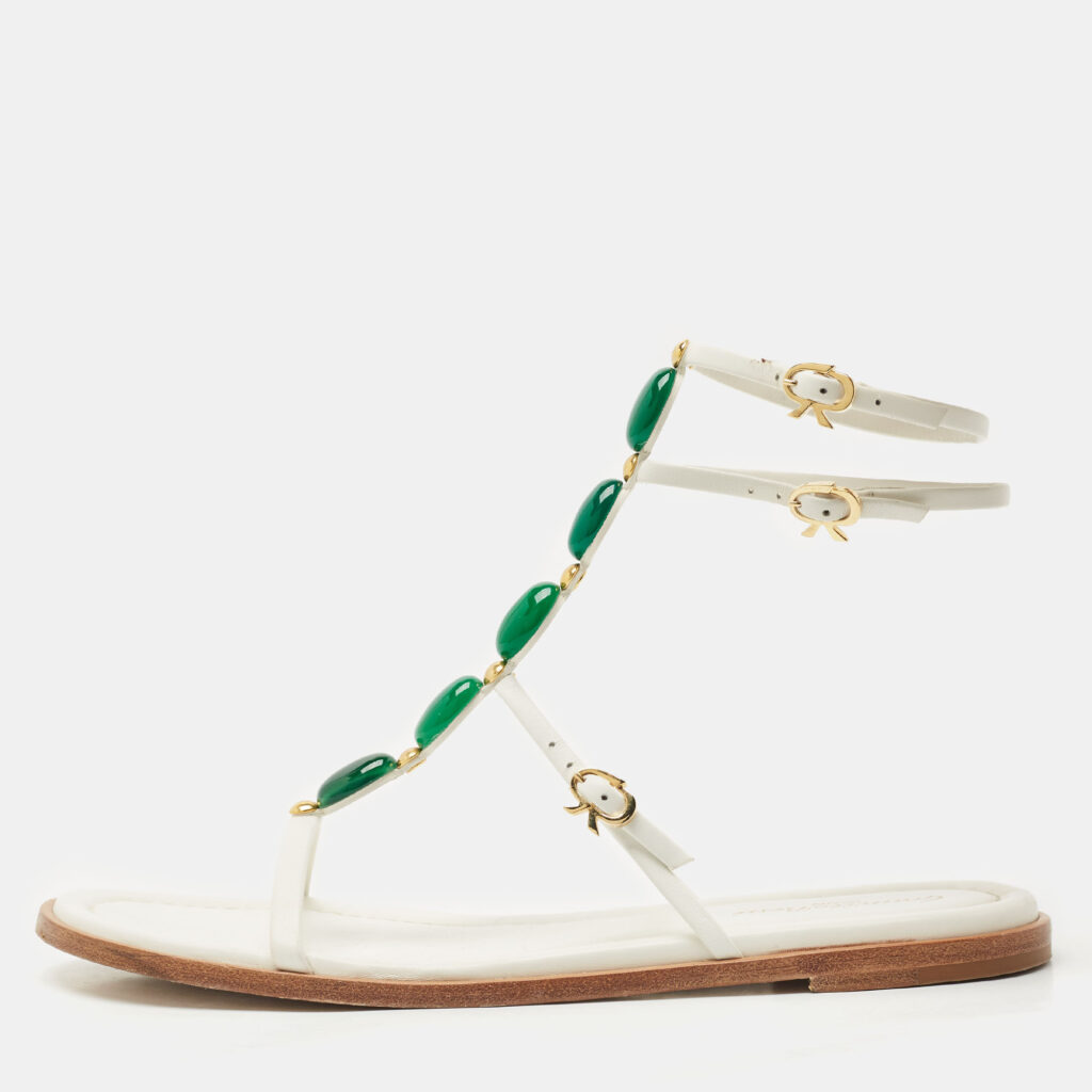 Gianvito Rossi White Leather Embellished Flat Ankle Wrap Sandals Size 41