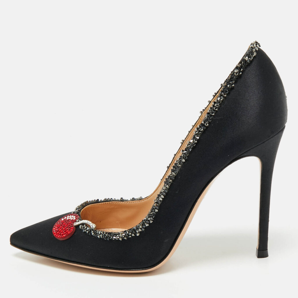 Gianvito Rossi Black Satin Crystal Embellished Pointed Toe Pumps Size 36.5