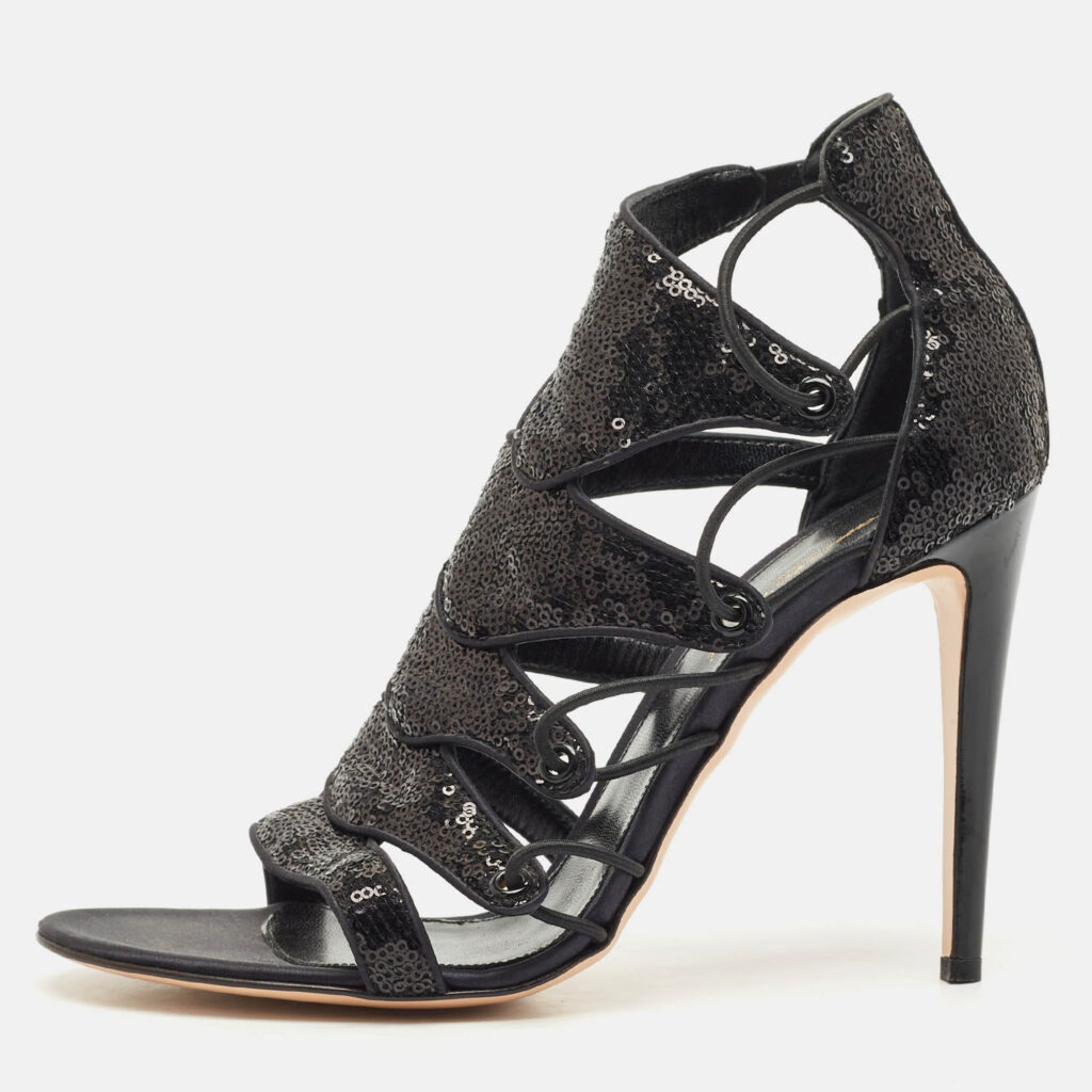 Gianvito Rossi Black Sequins Criss Cross Strappy Sandals Size 41